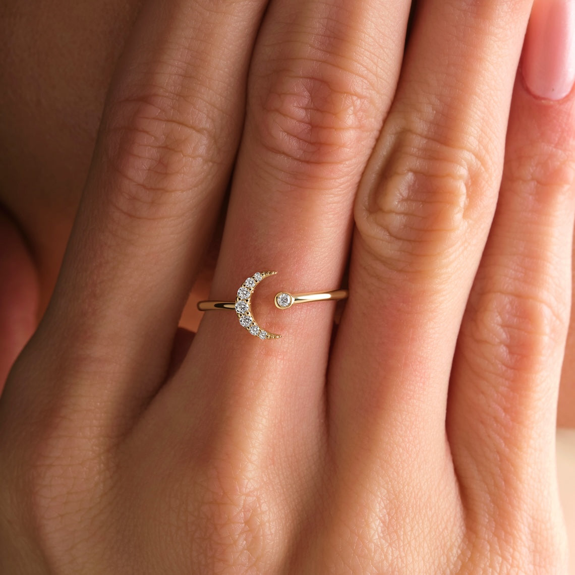 Diamond Crescent Moon Ring 14k Gold