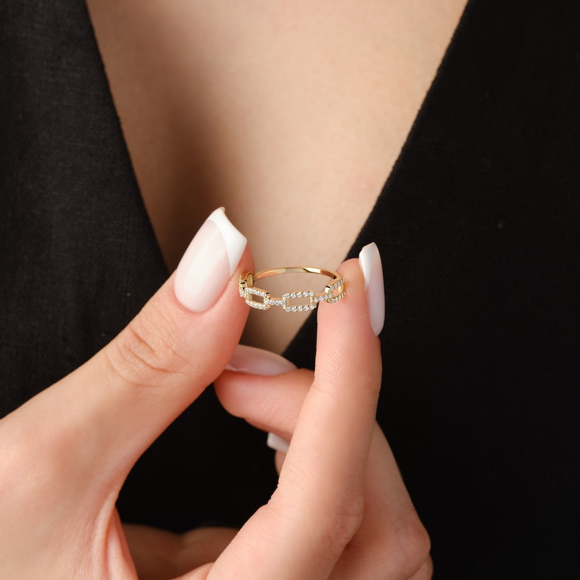 Pave Diamond Chain Link Ring 14k Gold