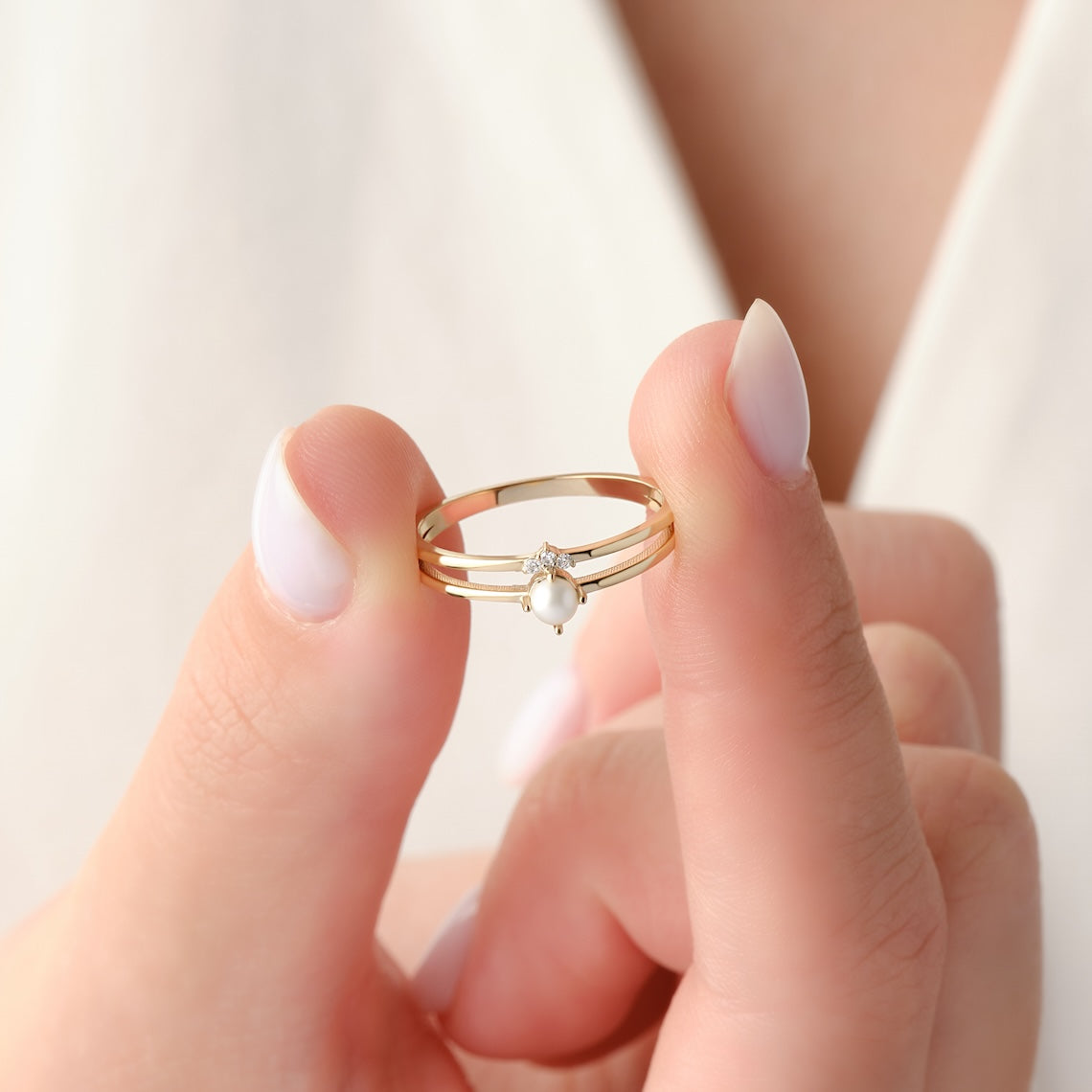 Double Band Pearl Ring 14k Gold
