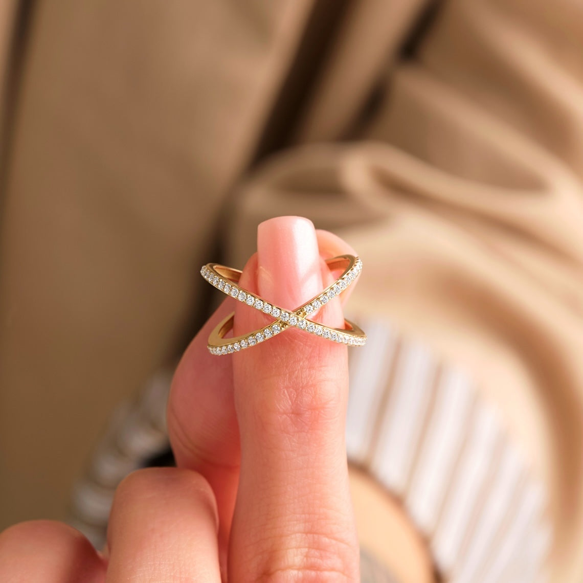 X-Shaped Diamond Cross Ring 14k Gold