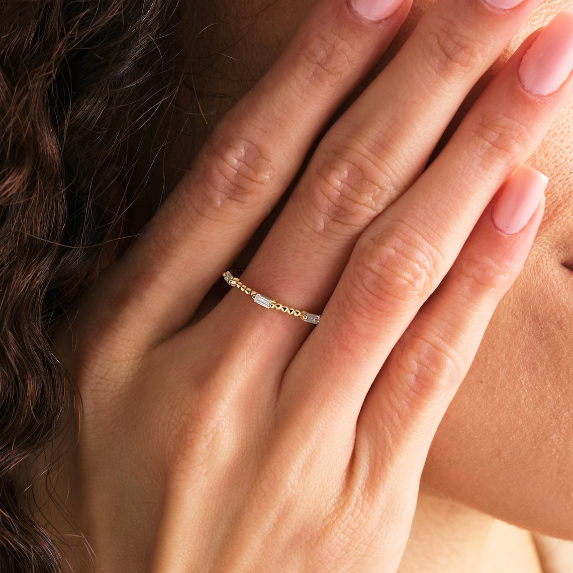 Beaded Band Baguette Diamond Ring 14k Gold