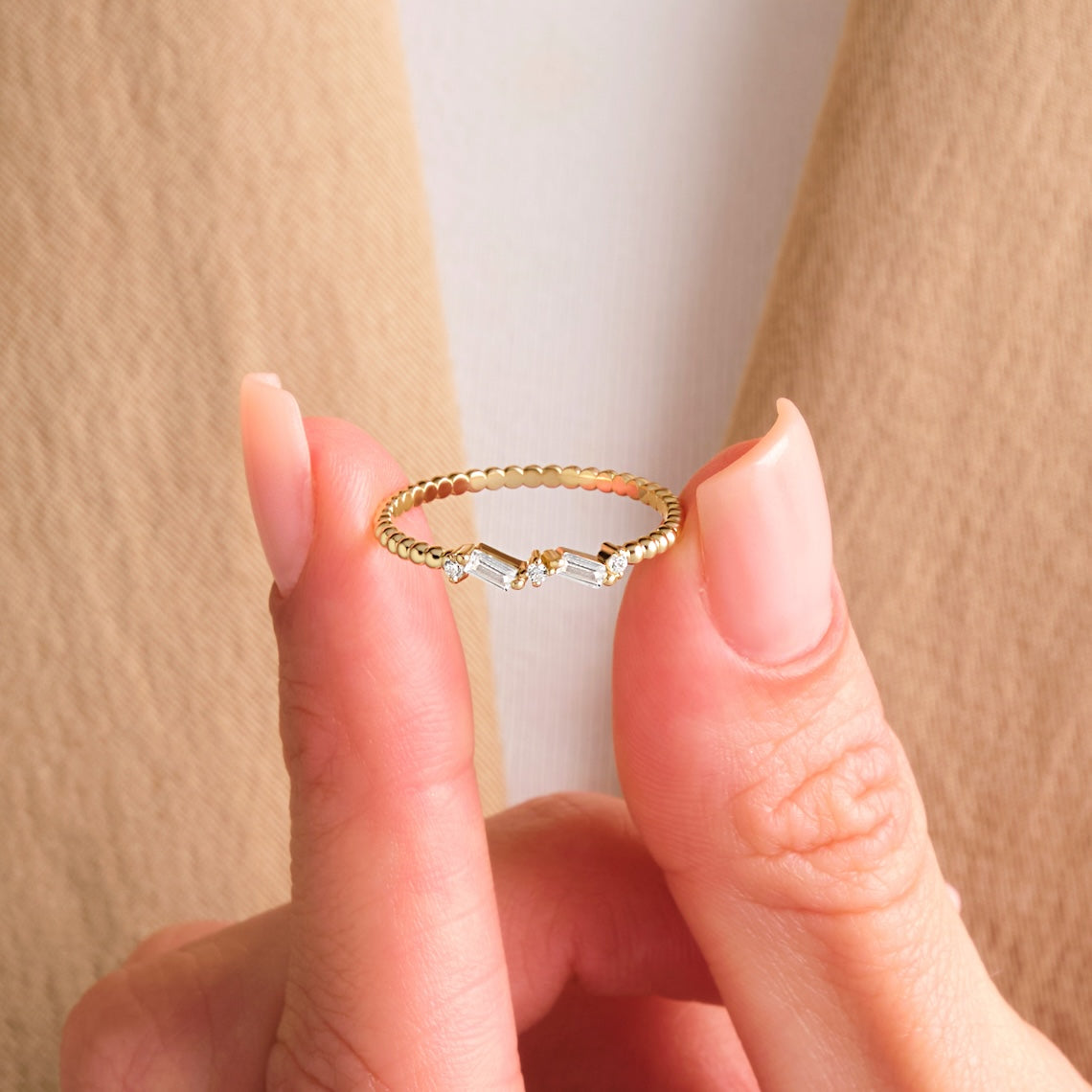 baguette cut beaded band engagement ring