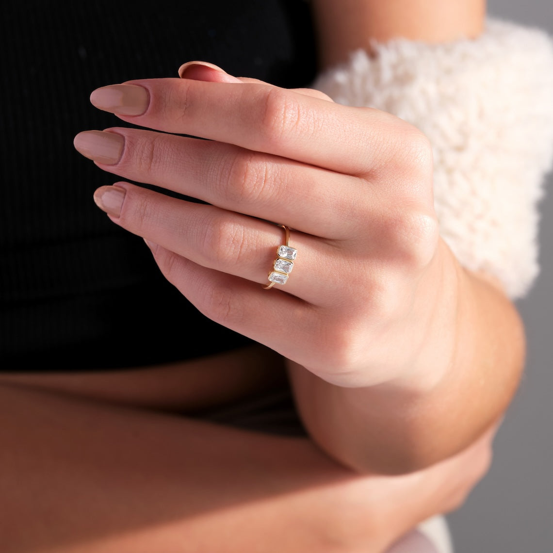 Emerald Cut Three Stone Engagement Ring 14k Gold
