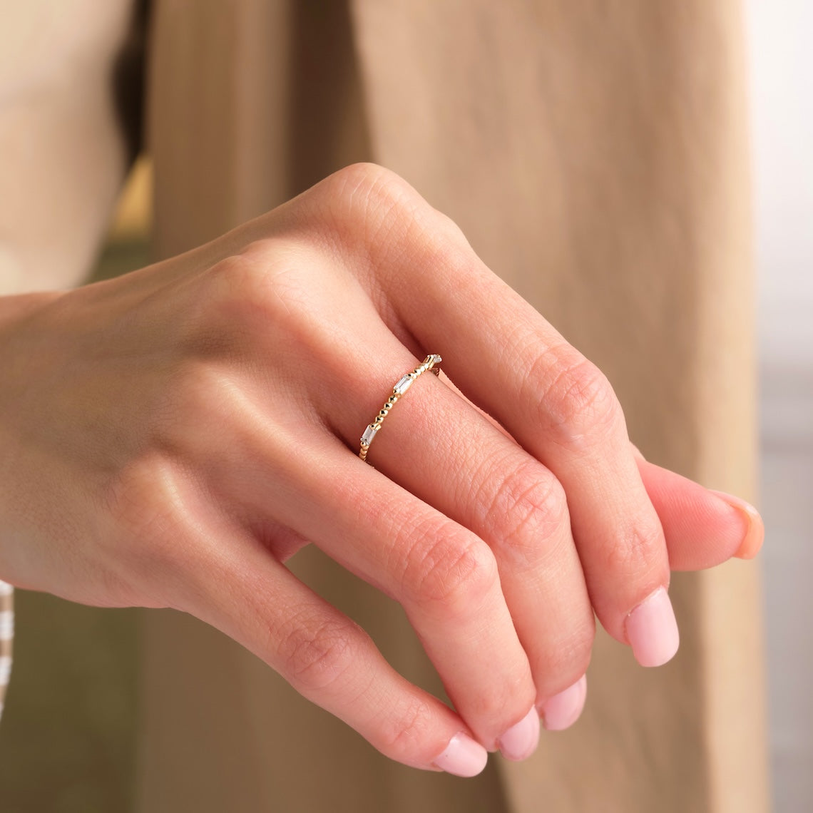 Beaded Band Baguette Diamond Ring 14k Gold
