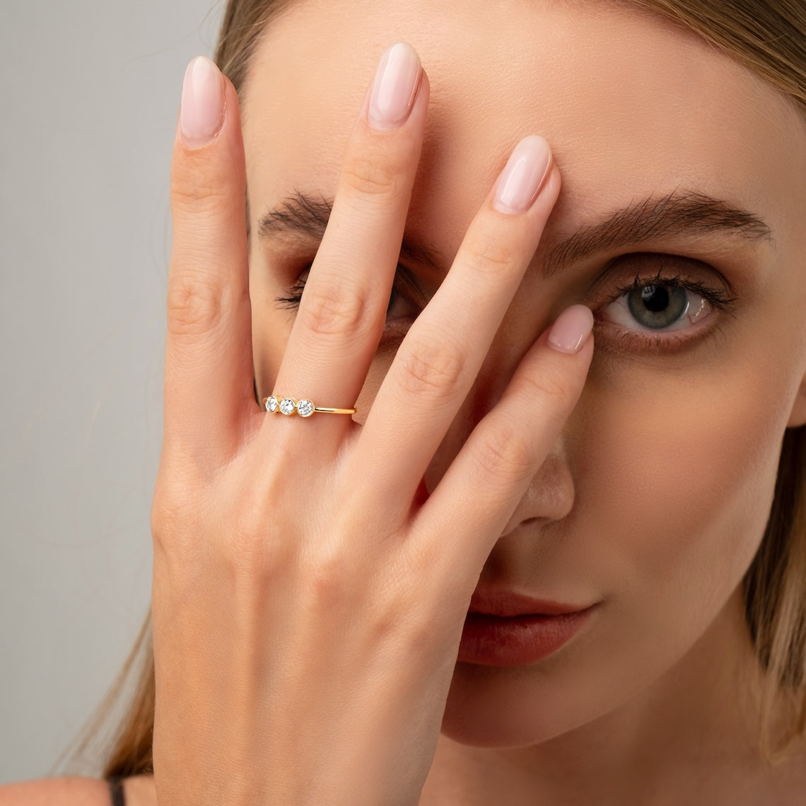 14k Gold Three Stone Bezel Set Engagement Ring