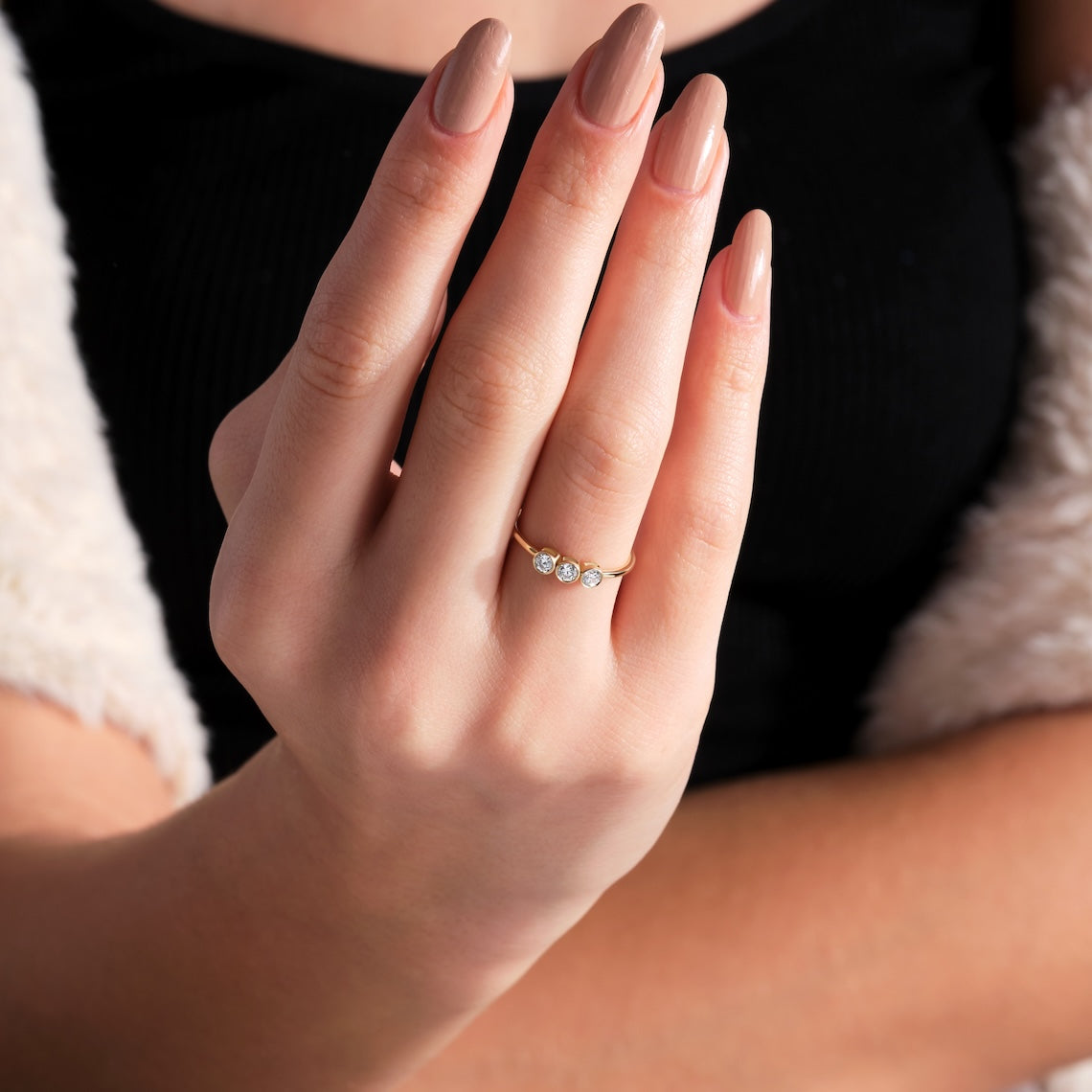 14k Gold Three Stone Bezel Set Engagement Ring