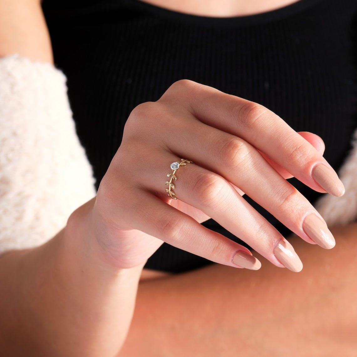 Solitaire Diamond Branch Leaf Engagement Ring 14k Gold