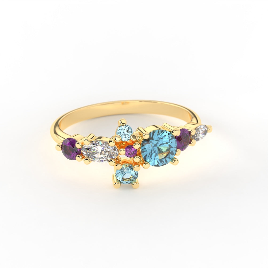 Unique Multi-Gemstone Ring 14k Gold, Phoenix