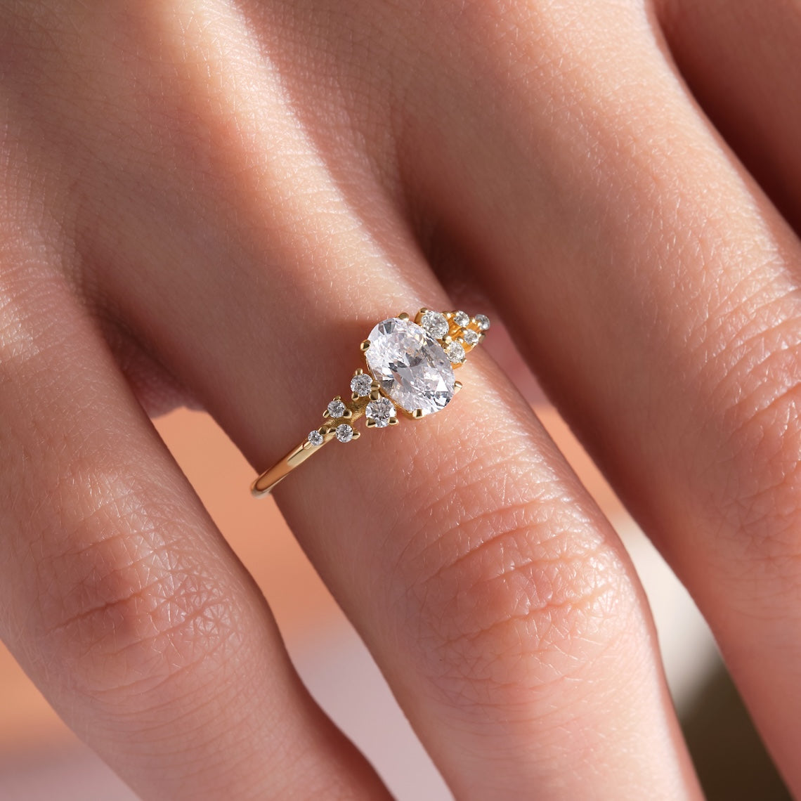 Oval Diamond Cluster Engagement Ring 14k Gold