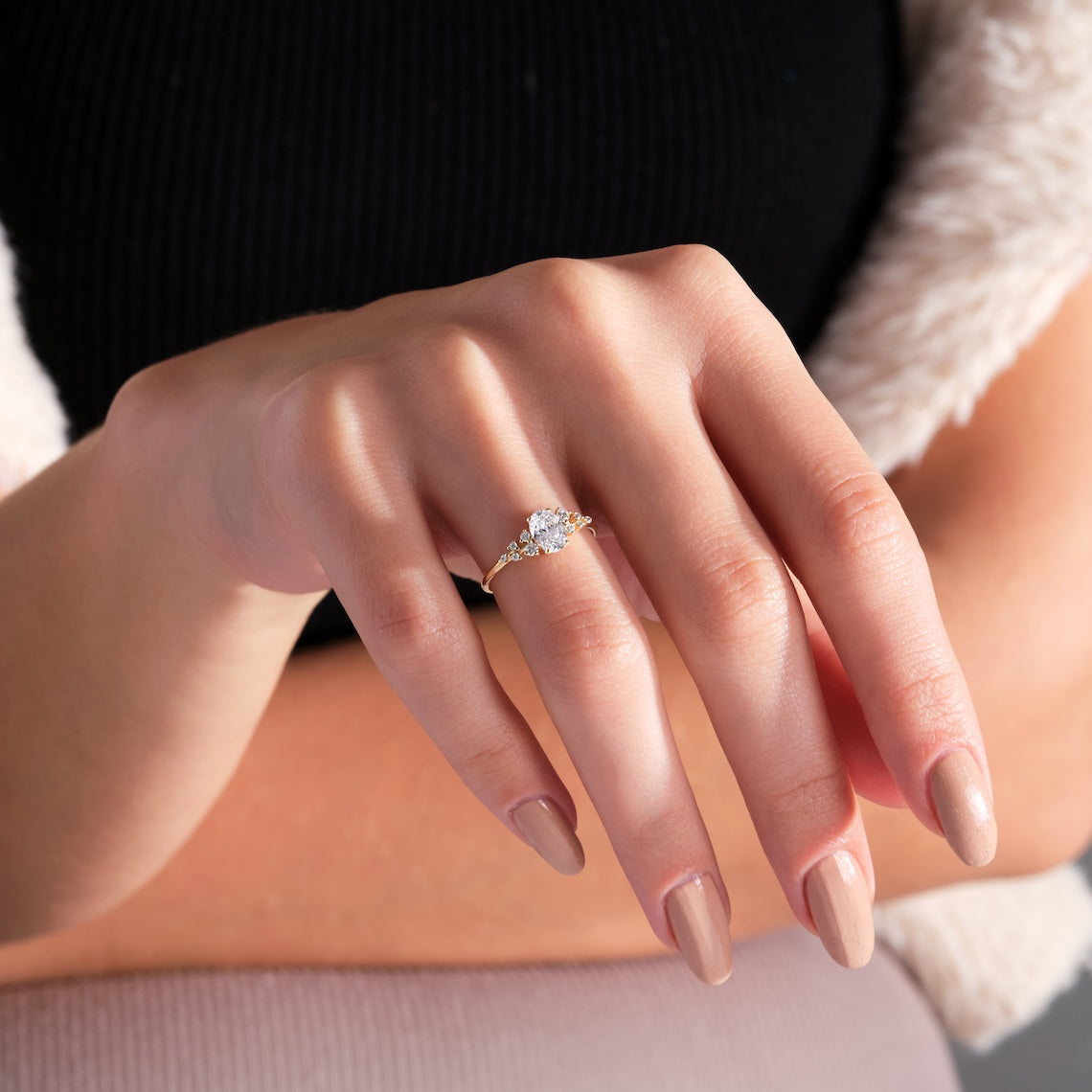 Oval Diamond Cluster Engagement Ring 14k Gold