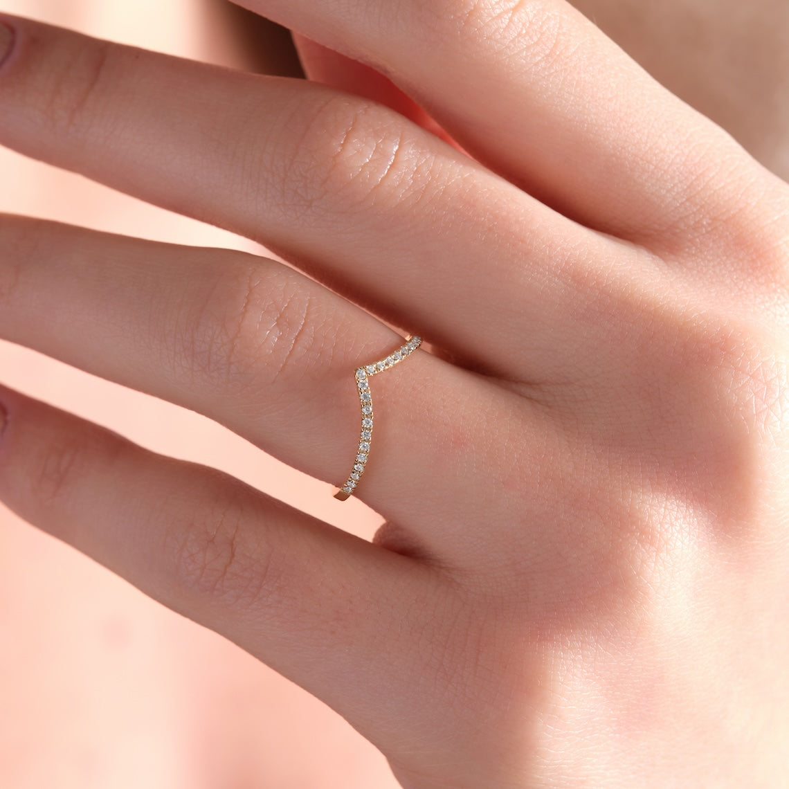 V Ring Curved Diamond Wedding Band 14K Gold