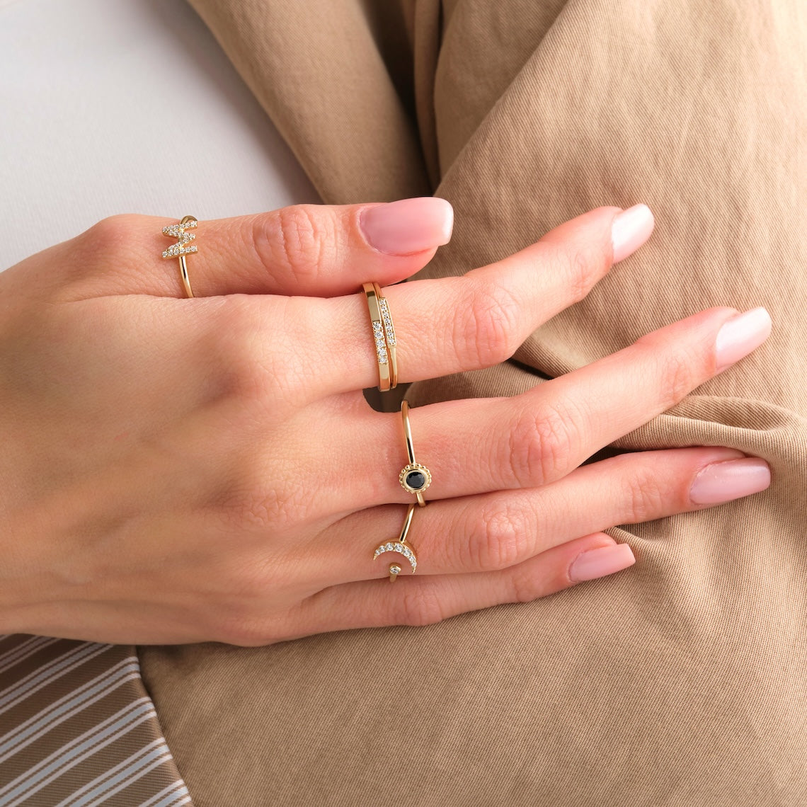 Diamond Crescent Moon Ring 14k Gold