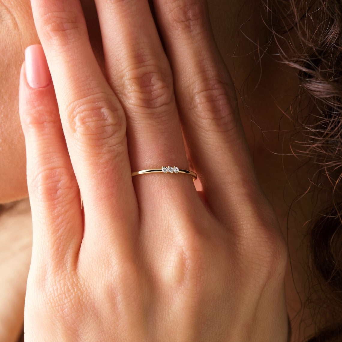 Dainty Diamond Three Stone Stacking Ring 14k Gold