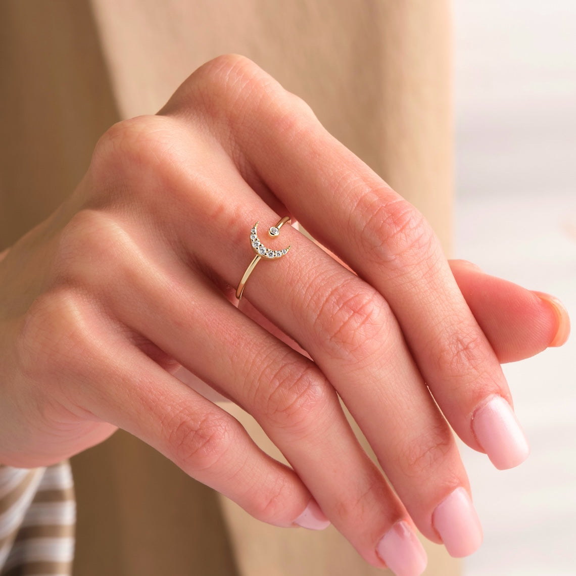 Diamond Crescent Moon Ring 14k Gold