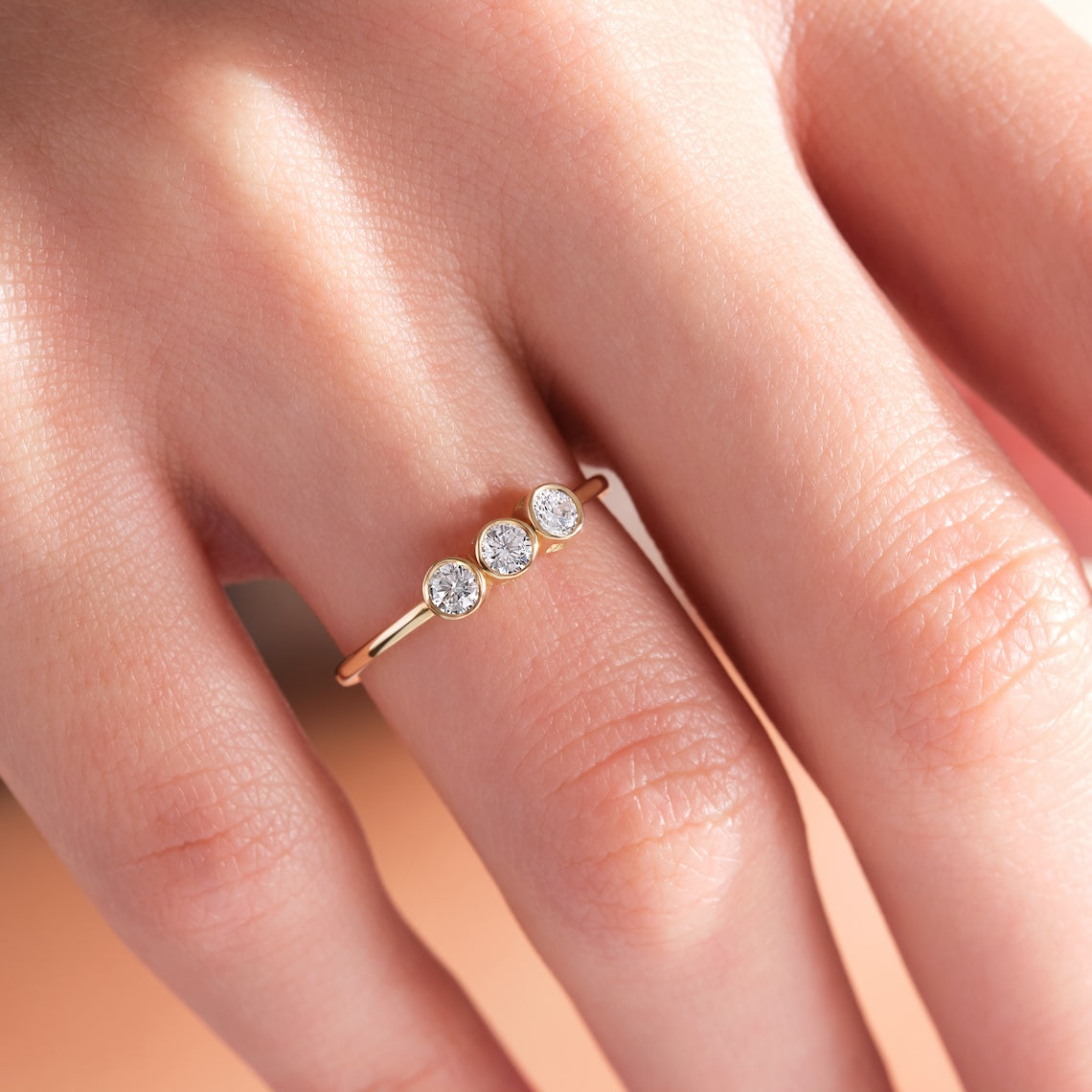 14k Gold Three Stone Bezel Set Engagement Ring