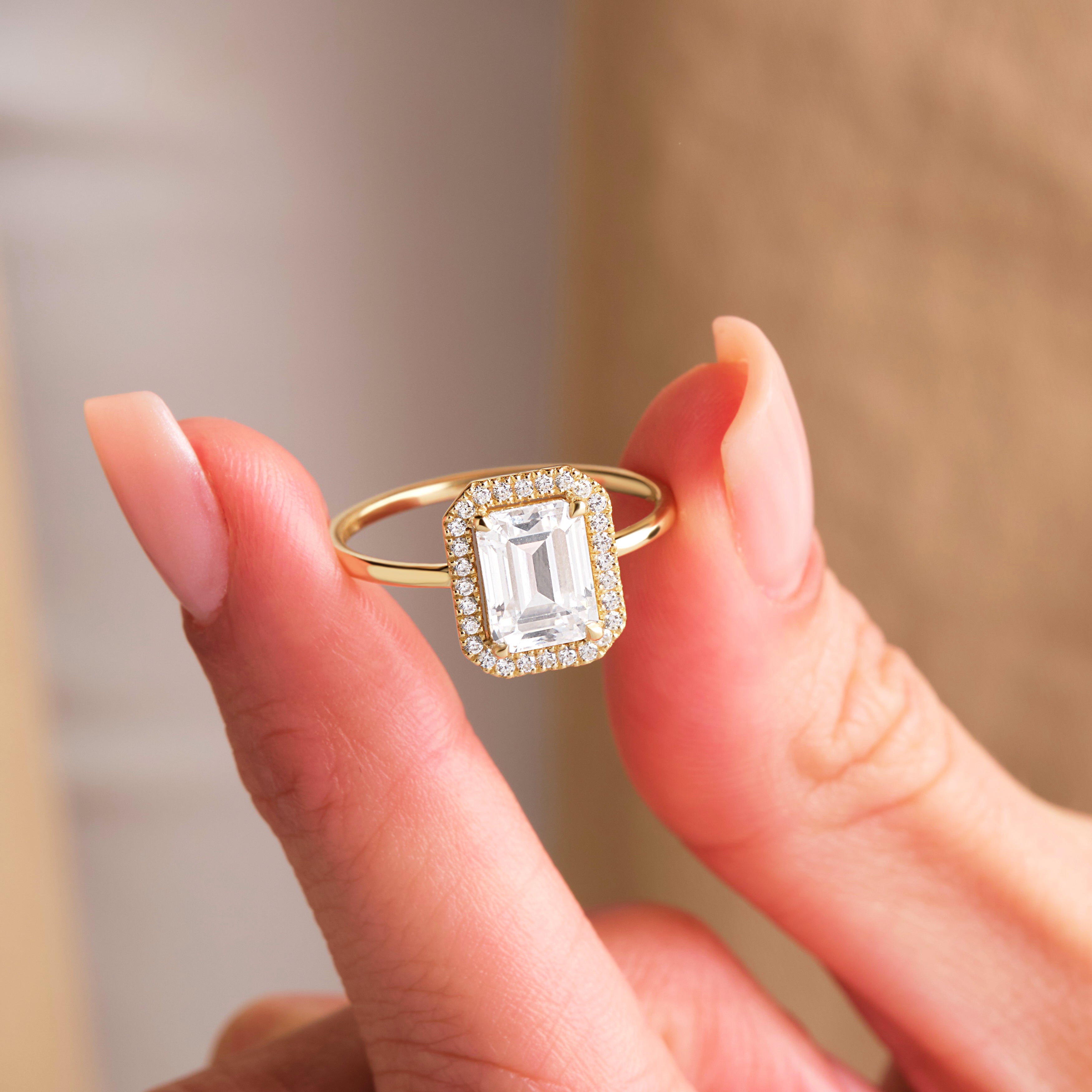 Emerald Cut Diamond Halo Ring 14k Gold