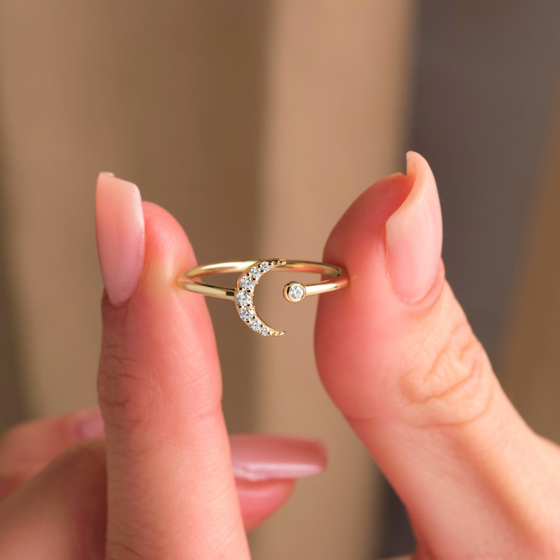 Diamond Crescent Moon Ring 14k Gold