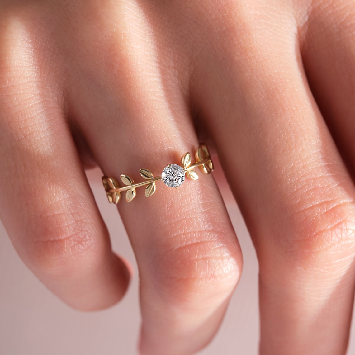 Solitaire Diamond Branch Leaf Engagement Ring 14k Gold