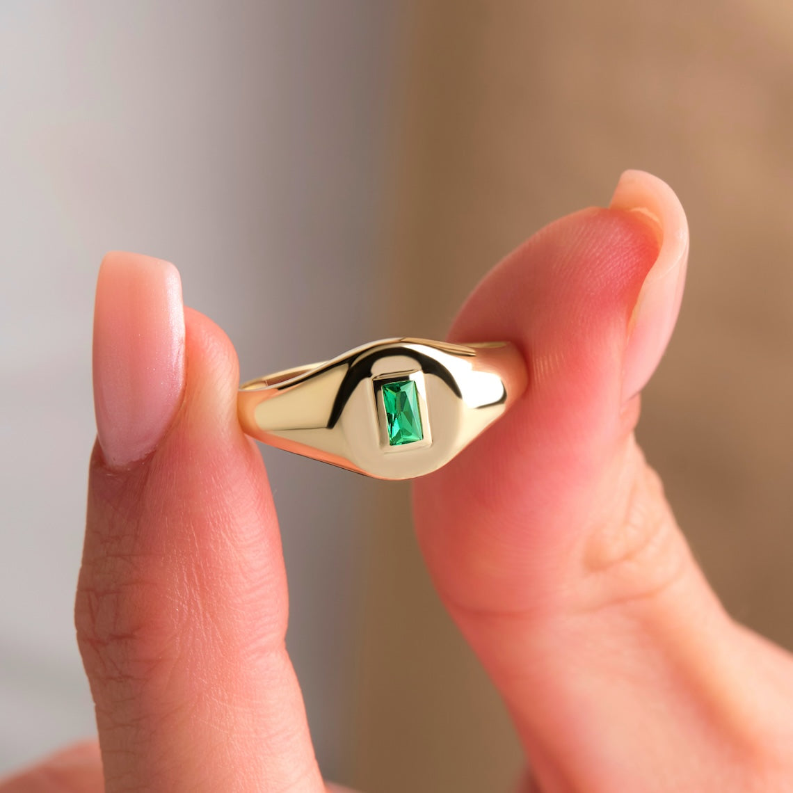 Emerald Baguette Signet Ring 14k Gold