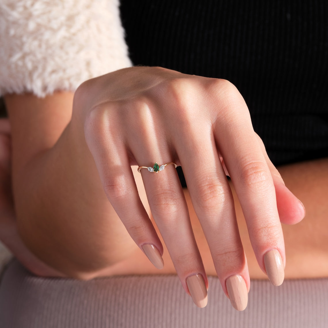 14k Gold Marquise Cut Emerald and Diamond Ring, Serenity