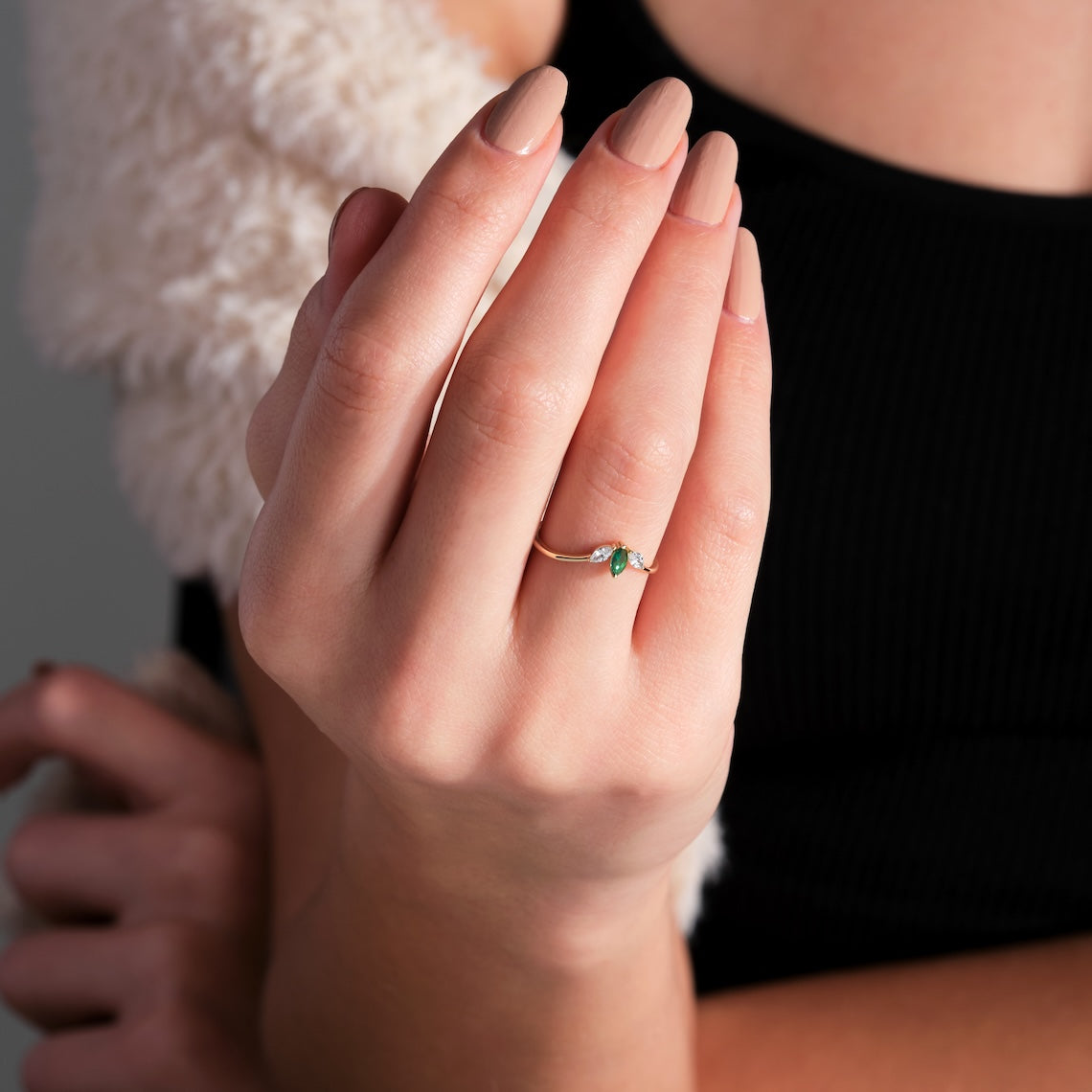 14k Gold Marquise Cut Emerald and Diamond Ring, Serenity