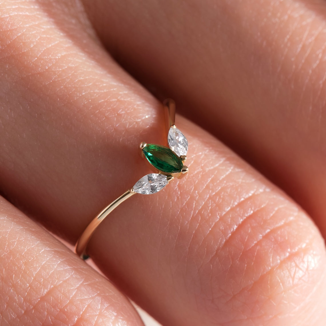14k Gold Marquise Cut Emerald and Diamond Ring, Serenity