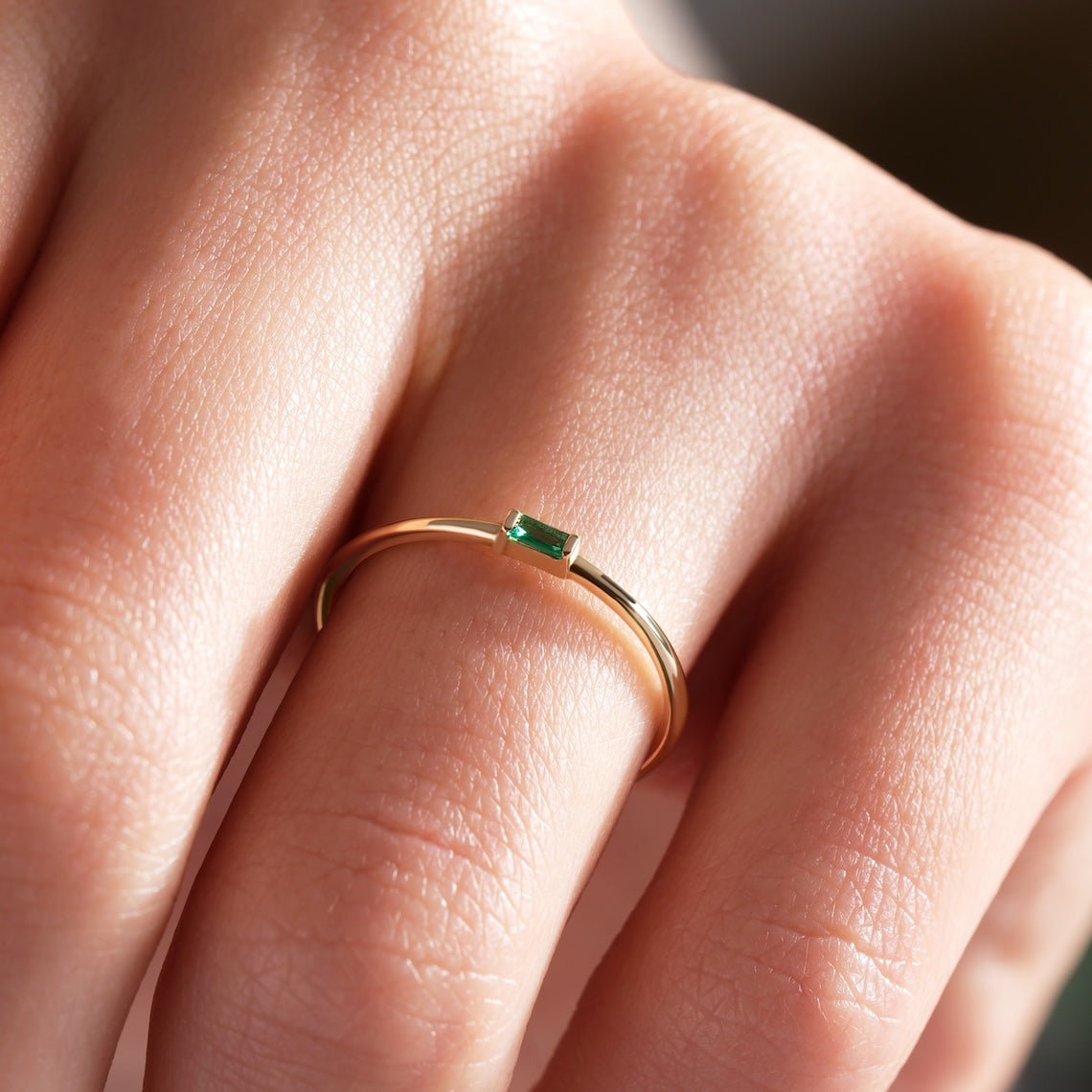 14k Gold Dainty Birthstone Baguette Ring, Lunar