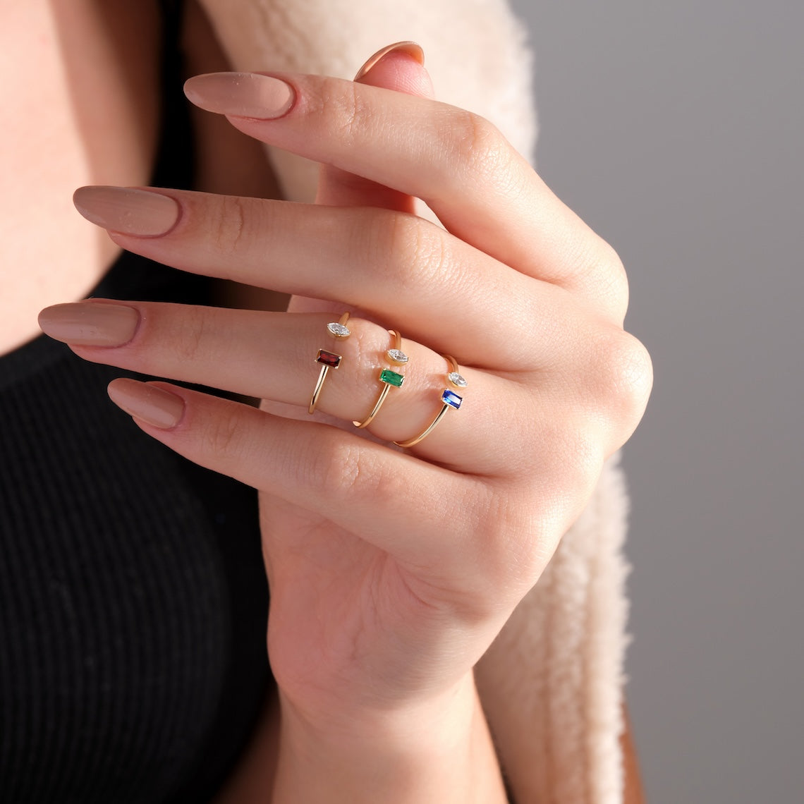 Open Design Emerald and Marquise Ring 14k Gold