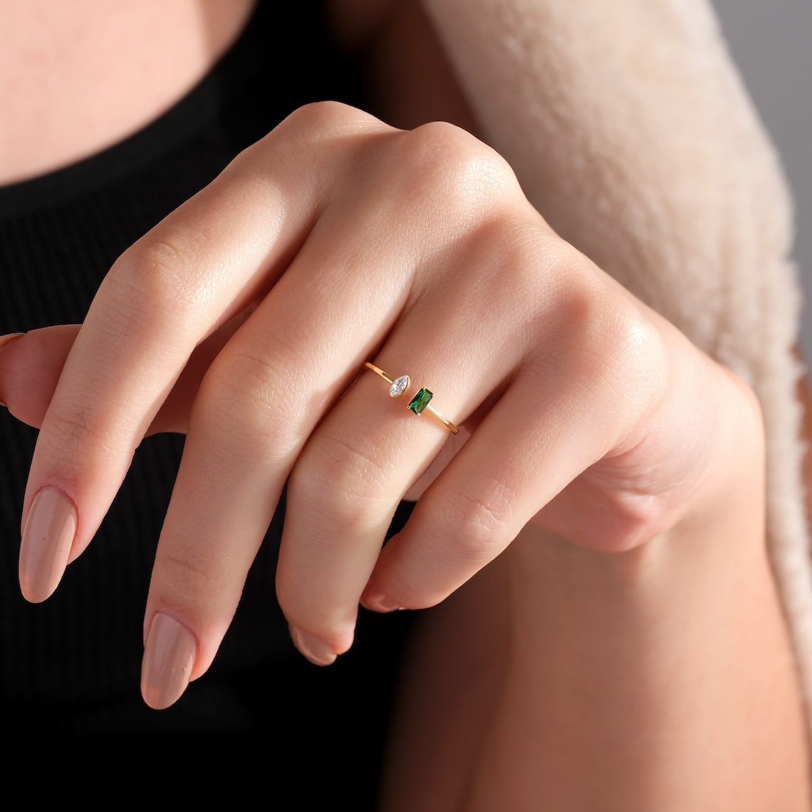 Open Design Emerald and Marquise Ring 14k Gold