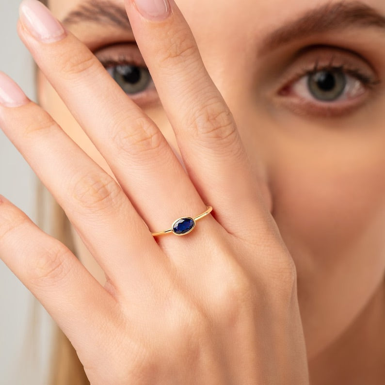 Oval Birthstone Ring 14k Gold, Celeste