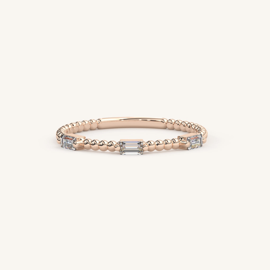 Beaded Band Baguette Diamond Ring 14k Gold