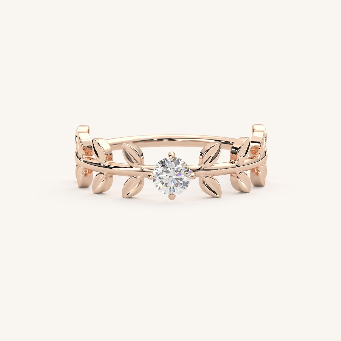 Solitaire Diamond Branch Leaf Engagement Ring 14k Gold
