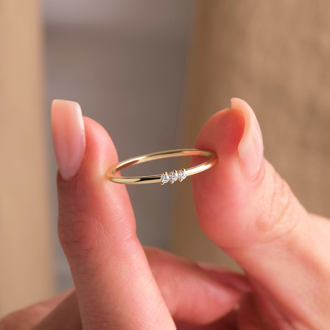 Dainty Diamond Three Stone Stacking Ring 14k Gold
