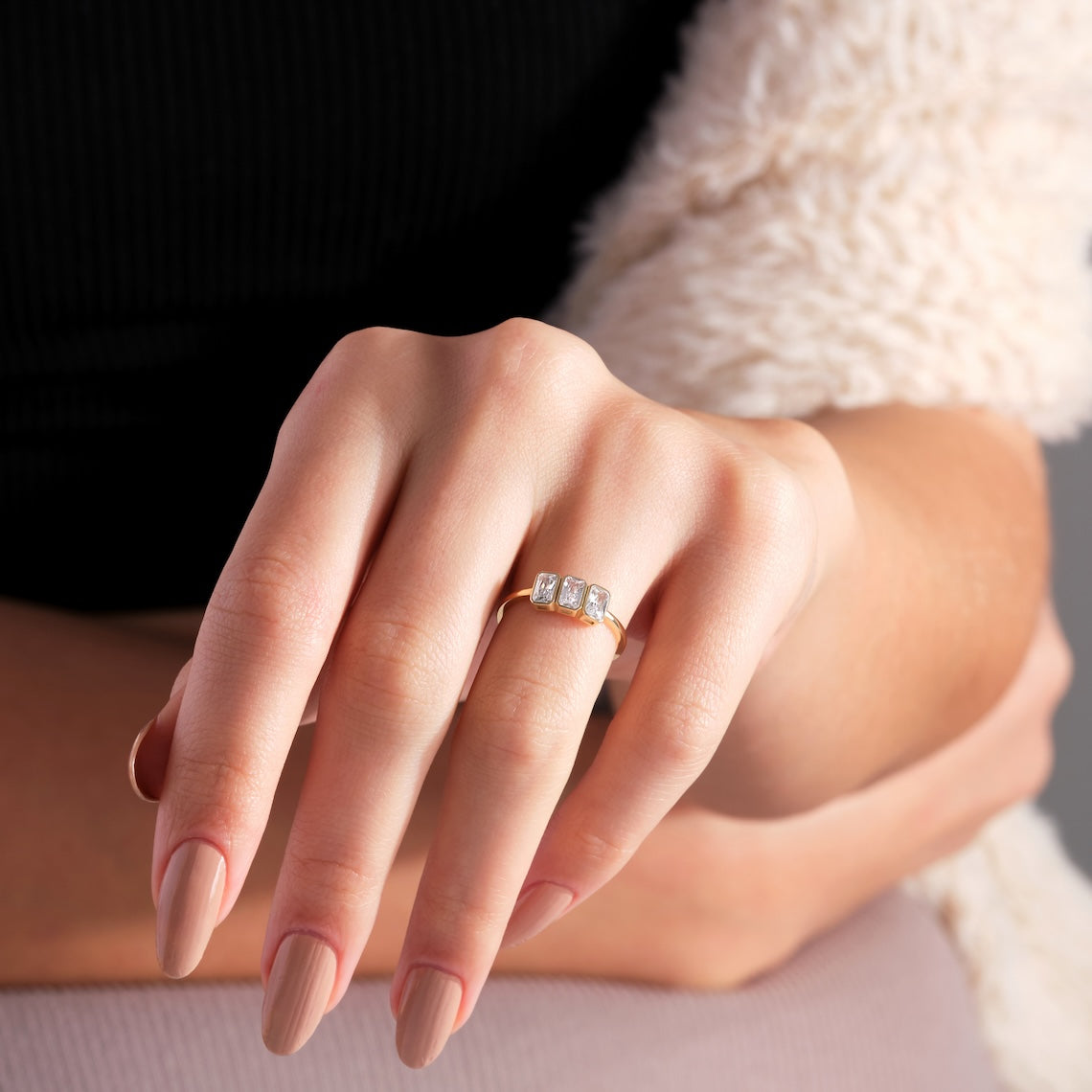 Emerald Cut Three Stone Engagement Ring 14k Gold