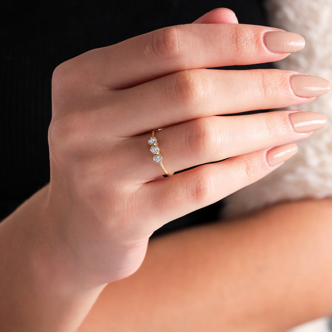 14k Gold Three Stone Bezel Set Engagement Ring
