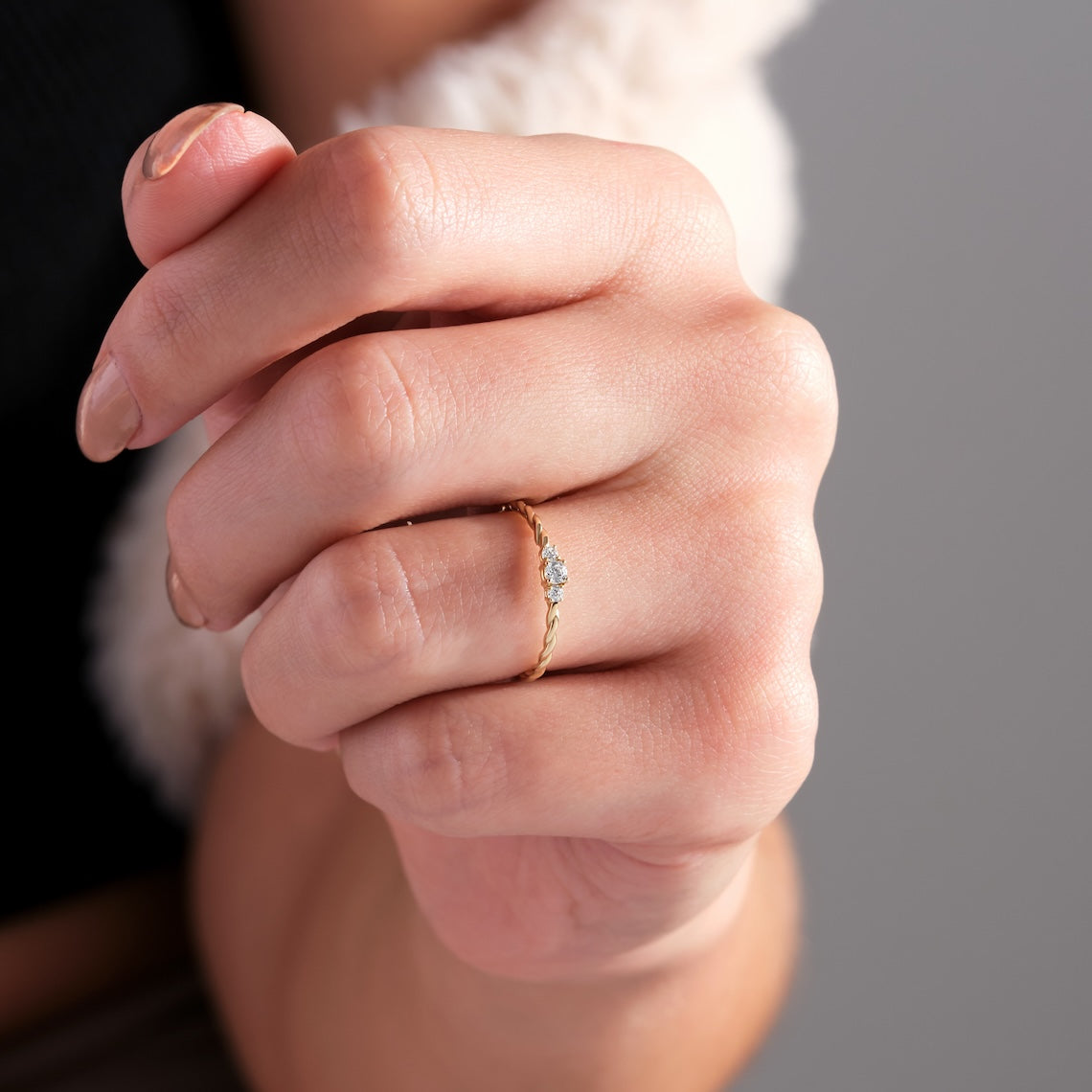 Twisted Rope Three Stone Ring 14k Gold