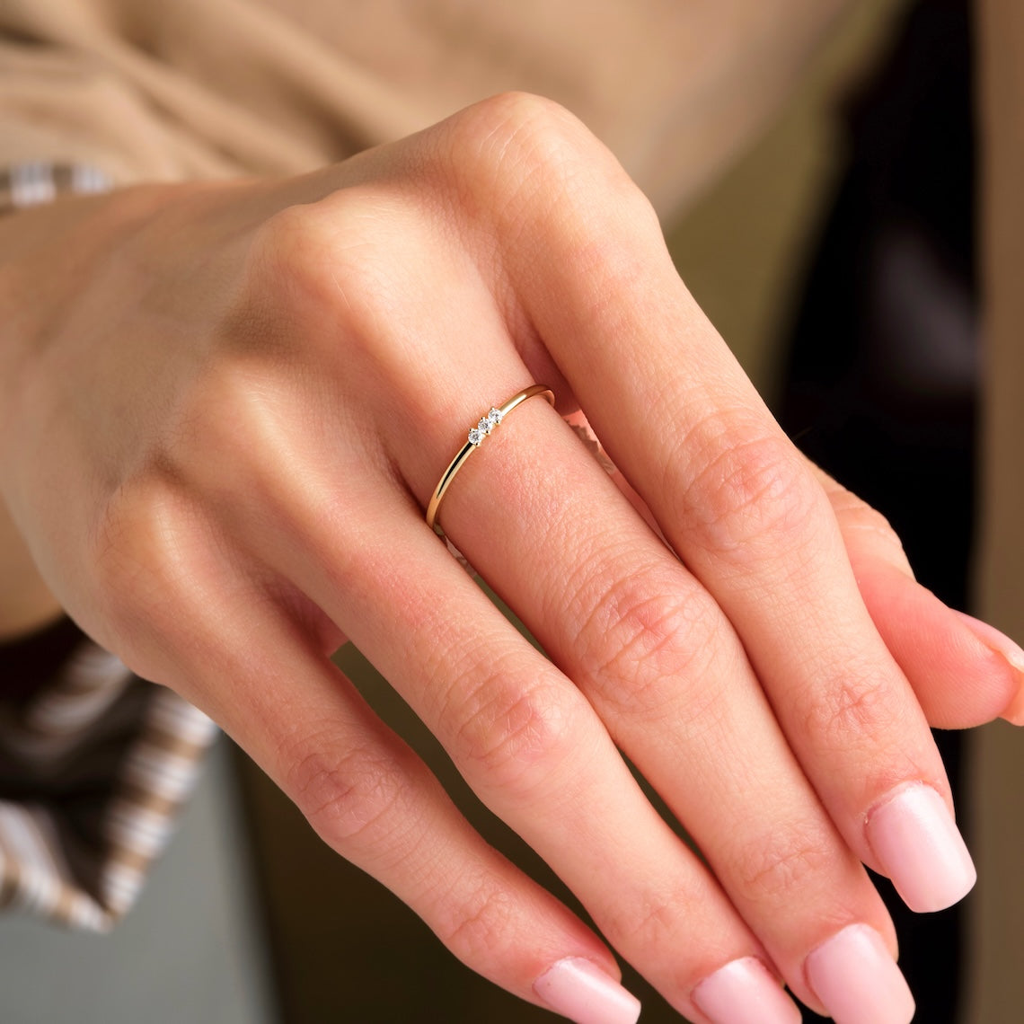 Dainty Diamond Three Stone Stacking Ring 14k Gold