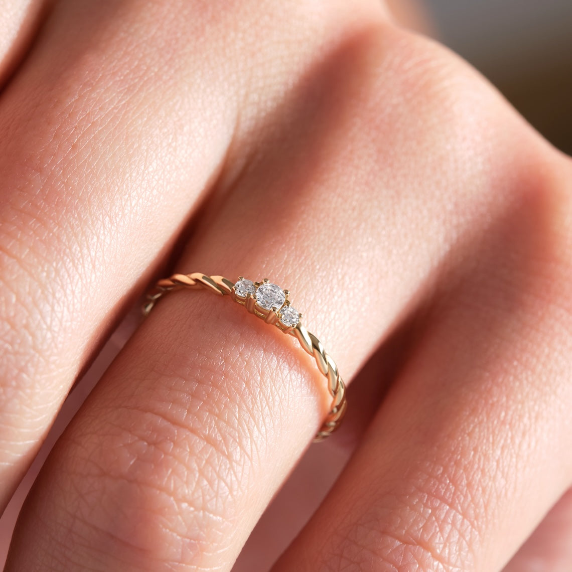 Twisted Rope Three Stone Ring 14k Gold