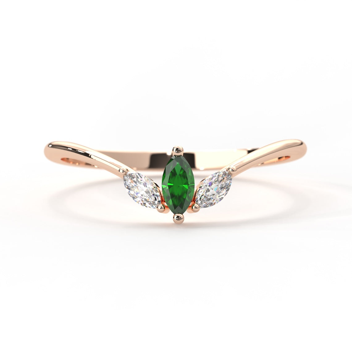 14k Gold Marquise Cut Emerald and Diamond Ring, Serenity