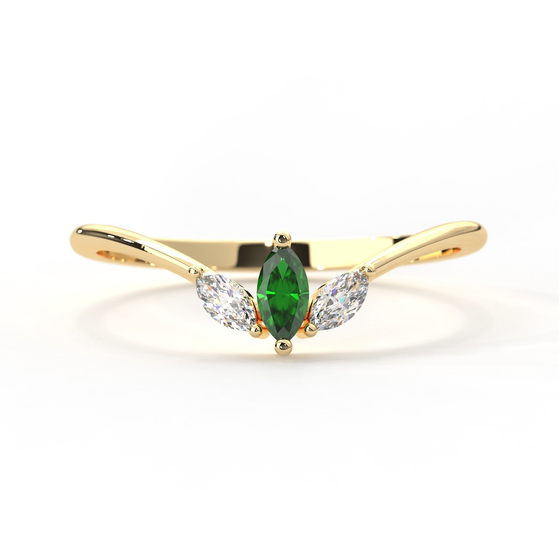 14k Gold Marquise Cut Emerald and Diamond Ring, Serenity