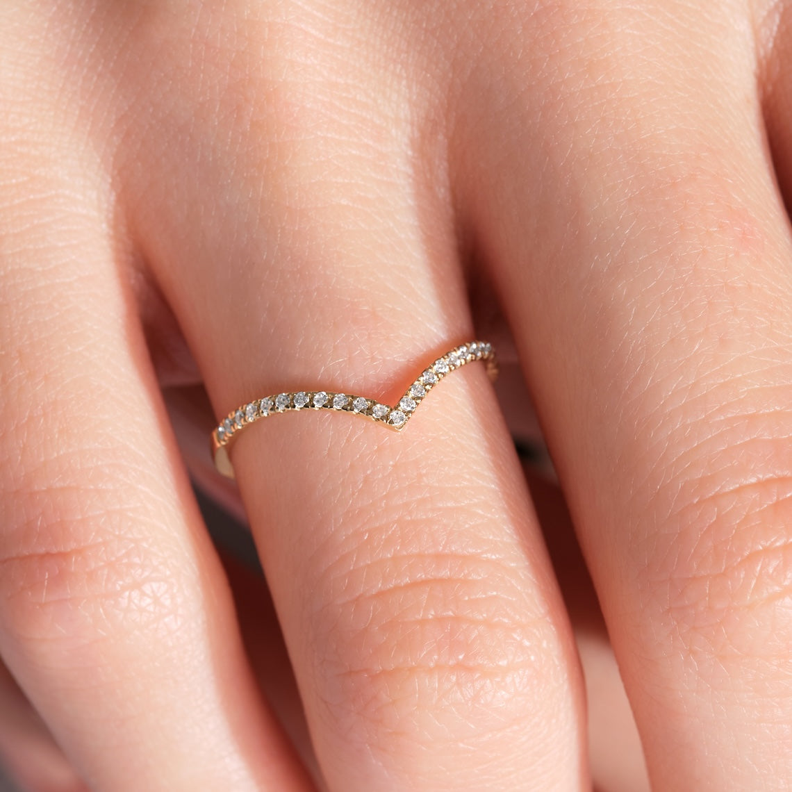 V Ring Curved Diamond Wedding Band 14K Gold