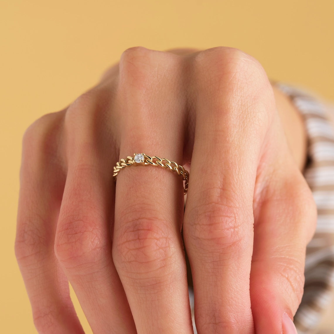 14k Gold Cuban Chain Ring with Diamond