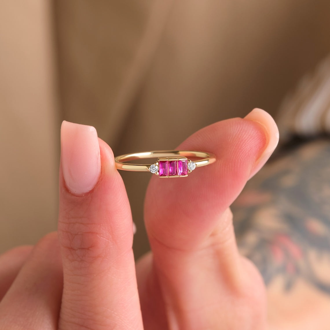 Baguette Cut Birthstone Ring 14k Gold