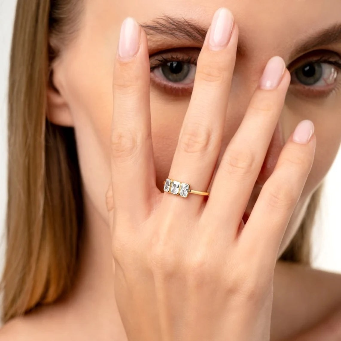 Emerald Cut Three Stone Engagement Ring 14k Gold