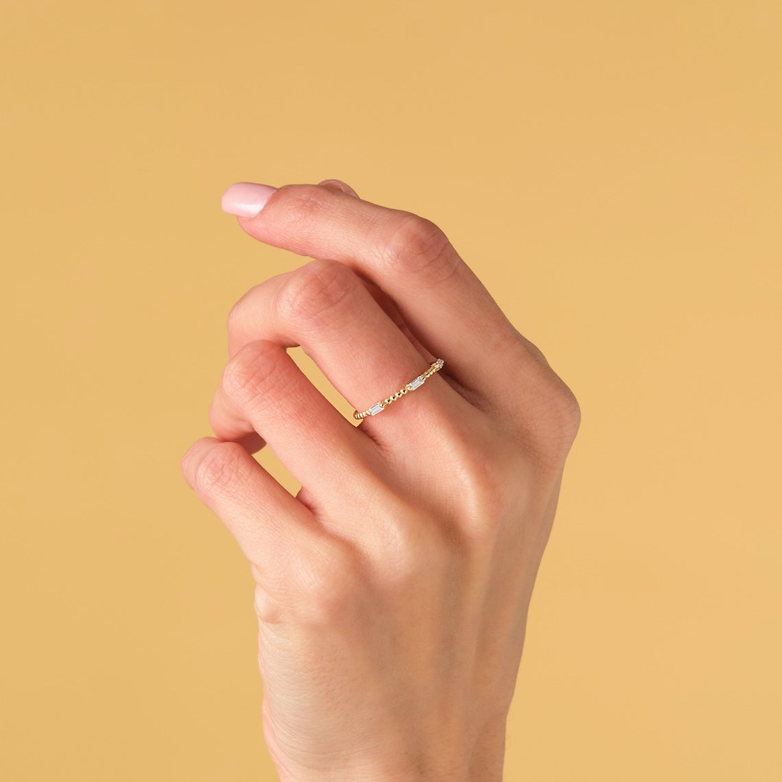 Beaded Band Baguette Diamond Ring 14k Gold