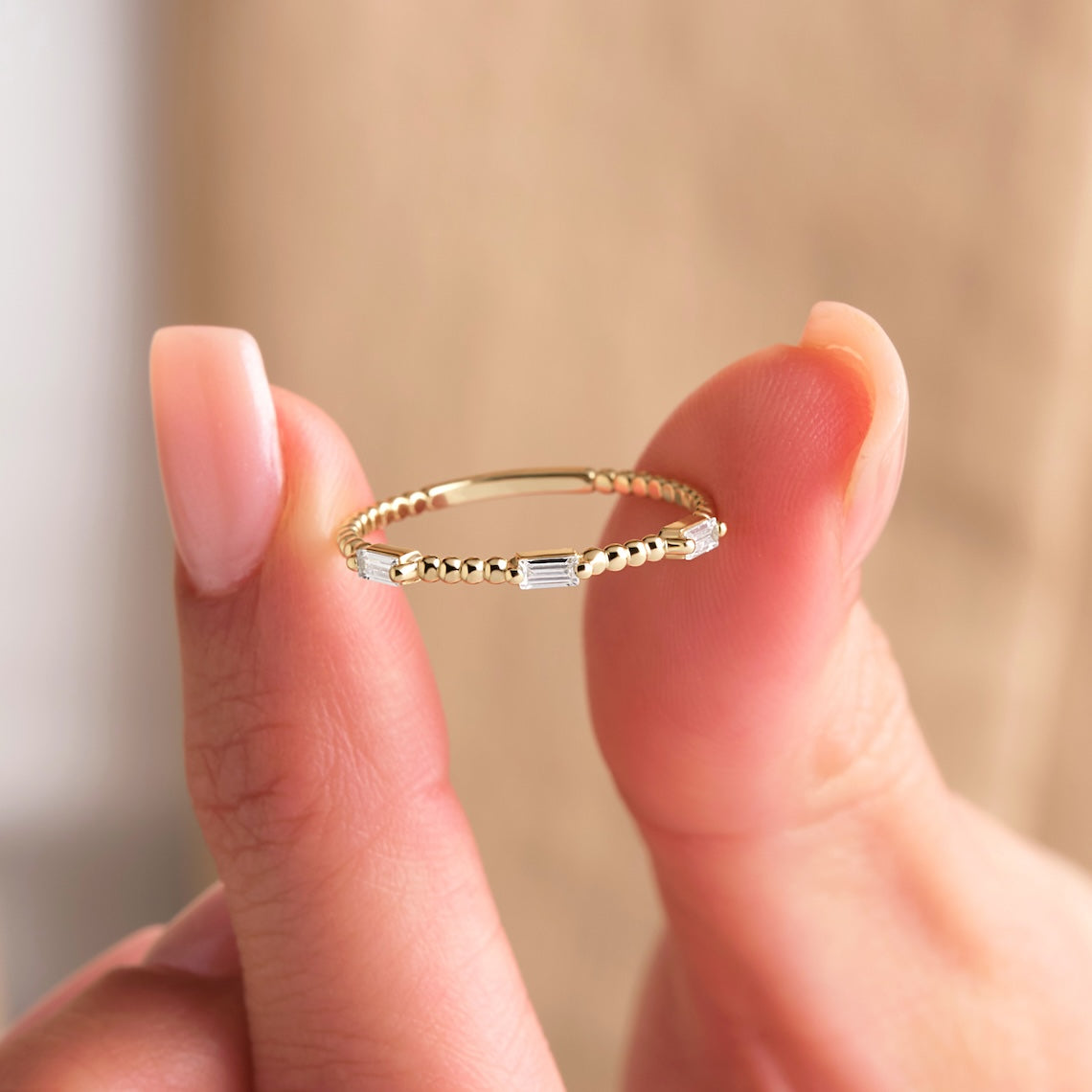 Beaded Band Baguette Diamond Ring 14k Gold