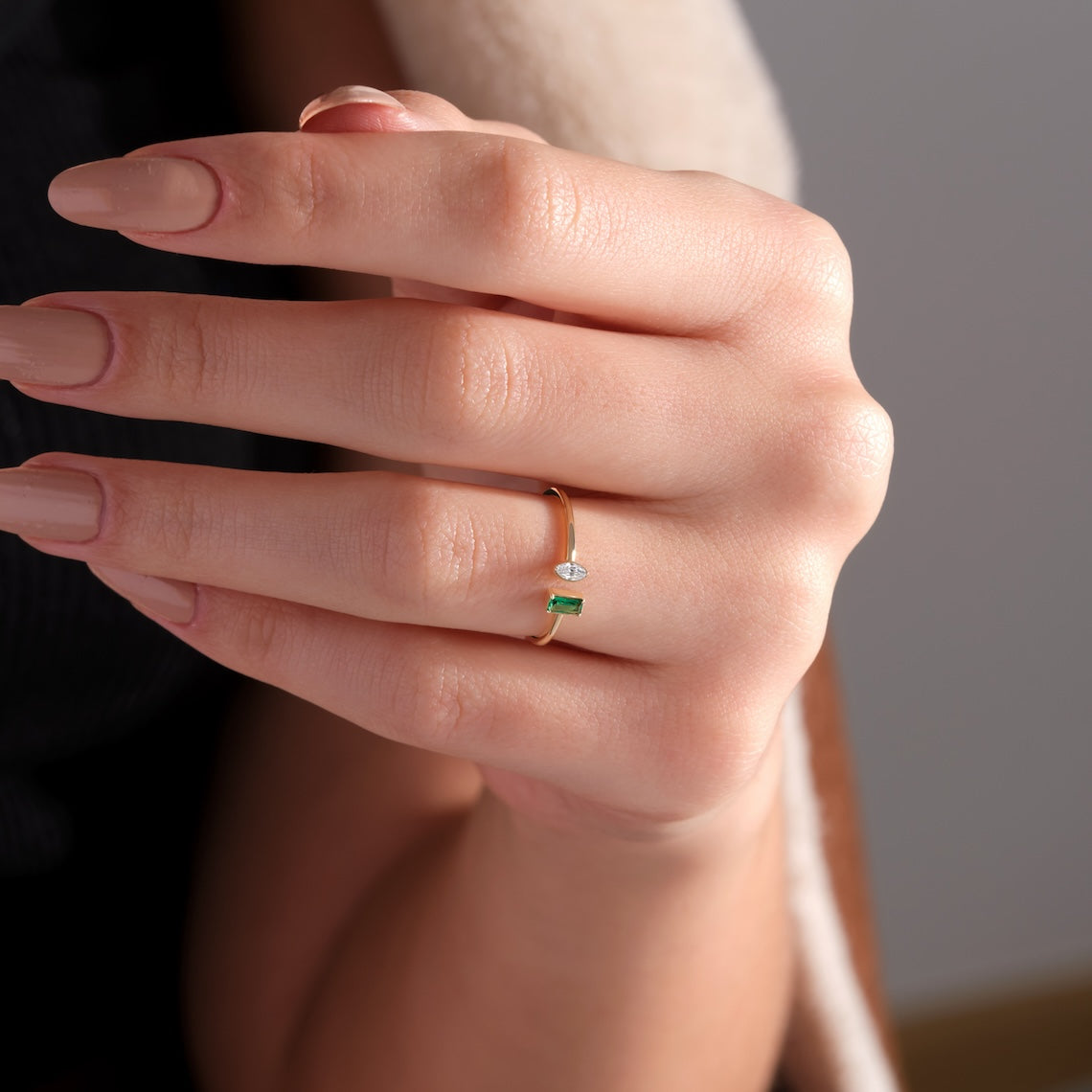 Open Design Emerald and Marquise Ring 14k Gold
