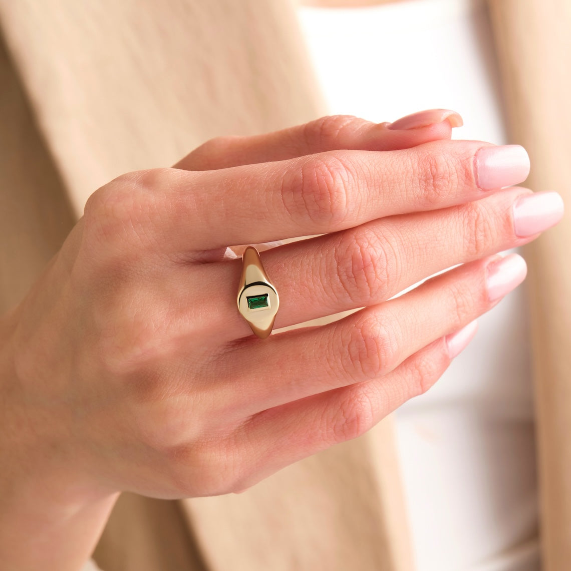 Emerald Baguette Signet Ring 14k Gold
