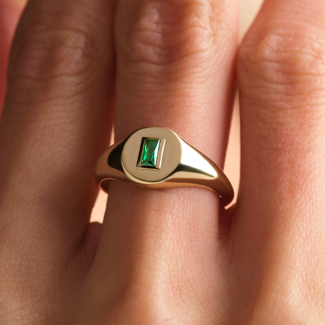 Emerald Baguette Signet Ring 14k Gold