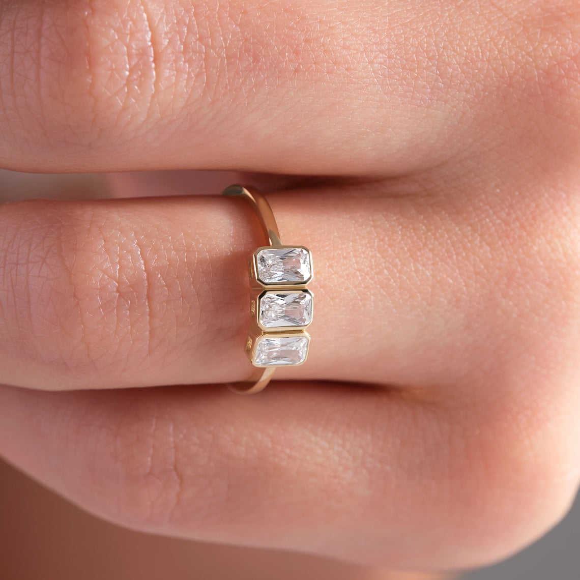 Emerald Cut Three Stone Engagement Ring 14k Gold